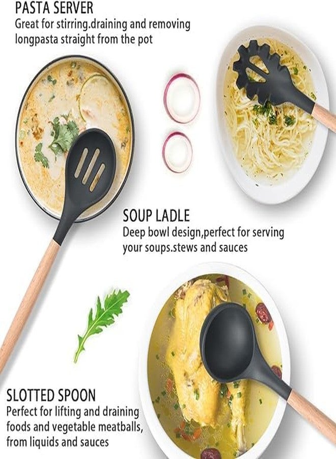 JUGTE Silicone Spatula for Kitchen | Non-Stick | Cooking Spatulas with Wooden Handle | Turner Serving Cooking Spoon | Combs for Omlet Egg Dosa chapati Sambar (Black) - Image 4